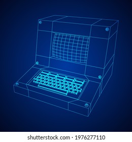 Classic retro perconal computer. Programming code concept. Wireframe low poly mesh vector illustration