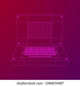 Classic retro perconal computer. Programming code concept. Wireframe low poly mesh vector illustration