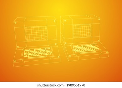 Classic retro perconal computer. Programming code concept. Wireframe low poly mesh vector illustration