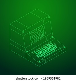 Classic retro perconal computer. Programming code concept. Wireframe low poly mesh vector illustration