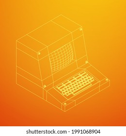 Classic retro perconal computer. Programming code concept. Wireframe low poly mesh vector illustration
