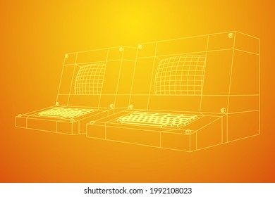 Classic retro perconal computer. Programming code concept. Wireframe low poly mesh vector illustration