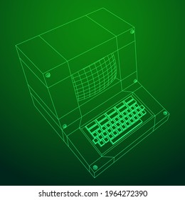Classic retro personal computer. Programming code concept. Wireframe low poly mesh vector illustration