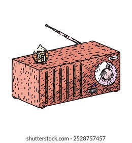 clássico retro rádio mão desenhada. sintonizador analógico, transistor de transmissão, antena de discagem clássico retro rádio vetor esboço.