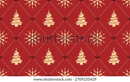 Classic Retro Red Gold Seamless Christmas Tree, Snowflake and Bow Geometric Diamond Lattice Pattern Design Art