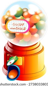 Classic retro red gumball machine or candy dispenser filled with multi colored round sweets and bubblegum on transparent background