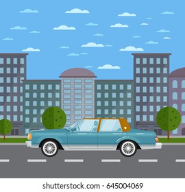 Classic retro sedan in urban landscape. Vintage family auto vehicle, old school car, people transportation. City street road traffic vector illustration, cityscape background with skyscrapers.