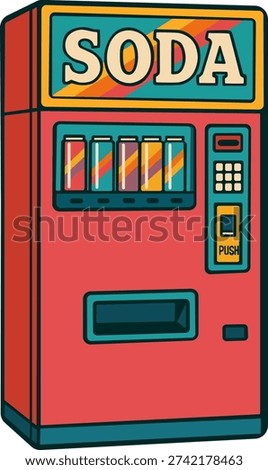 Classic retro soda vending machine illustration. Ideal for food branding, American diner themes, café décor, poster design, packaging, and nostalgic commercial projects.