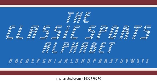 Classic retro Sport Style. Hand drawn Outline white Font. Tilted letters. Creative geometric alphabet. Minimalistic design. Trendy Vector illustration. Every letter is isolated on blue background