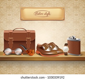 Classic retro style real leather gentleman accessories realistic composition with shoes briefcase glasses watch pipe vector illustration