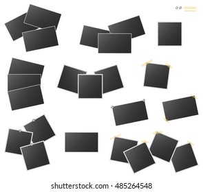 Classic retro style. Set of realistic vector photo frames on sticky tape, pins and rivets isolated on white background. Template photo design. Vector illustration