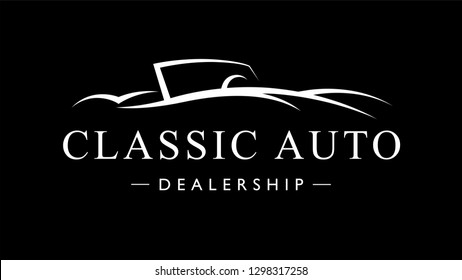 Classic retro style sports car dealership logo. Vintage convertible auto garage vehicle silhouette icon. Vector illustration.