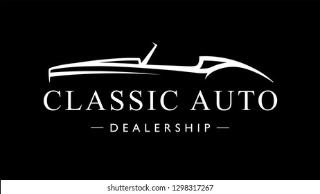 Classic retro style sports car dealership logo. Vintage convertible auto garage vehicle silhouette icon. Vector illustration.