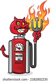 Caricatura clásica de bomba de gasolina de estilo retro con una cara diabólica y una horquilla encendida que encarna maldad pura