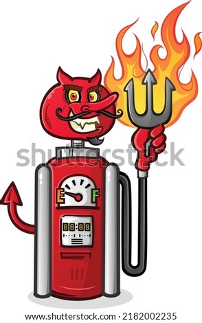 A classic retro styled gasoline pump cartoon with an evil devil face and a flaming pitchfork embodying pure evil