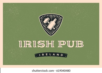 Classic retro styled label for Irish Pub with logo and text irish pub, ireland and hand-drawn bottle whiskey or beer and shamrock of clover, Lofo for beer pub, bar and restaurants. Vector Illustration