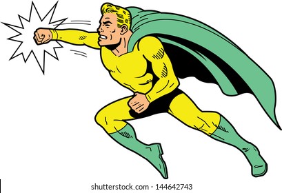 Classic retro superhero with cape and clenched teeth throwing a punch