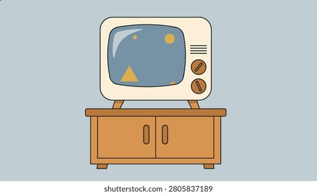 Classic retro television set resting on a vintage wooden TV cabinet showing colorful abstract geometric screen content.