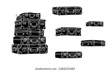 Classic retro travel suitcases lie on top of each other and individually. Silhouette. Vector illustration isolated on white background.