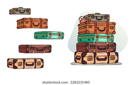 Classic retro travel suitcases lie on top of each other and individually. Cartoon style. Vector illustration isolated on white background.