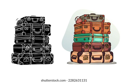 Classic retro travel suitcases stacked on top of each other. Cartoon style. Silhouette. Vector illustration isolated on white background.