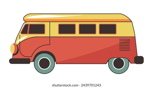 Classic retro van in red and yellow, vector illustration, evoking the spirit of 60s road trips, perfect for travel and nostalgia-themed designs.