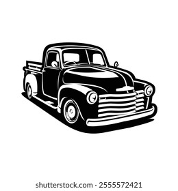 Classic Retro Vintage Farm Truck Vector Art Icon Illustration Monochrome Silhouette