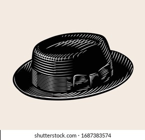 Classic retro vintage porkpie hat vector illustration. Black and white engraved style line art drawing.