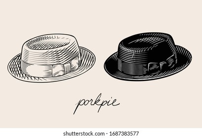 Classic retro vintage porkpie hat vector illustration. Black and white engraved style line art drawing.