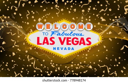 Classic retro Welcome to Las Vegas sign on colorful new year background. Happy new year 2018 background. Simple modern vector style illustration. Vector colourful serpentine and confetti.