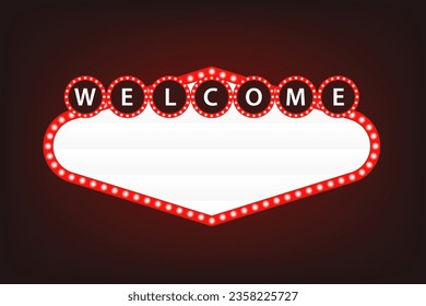 Classic retro welcome sign. Retro red lightbox with bulbs border. Simple modern flat style. Vector illustration
