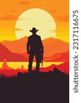 Classic retro western movie poster with an outlaw sheriff man silhouette holding a gun at the sunset in mountains