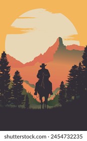 Classic retro western movie poster with a cowboy, sheriff, outlaw man silhouette on a horse in mountains, prairie at the sunset or sunrise. Vector vertical illustration