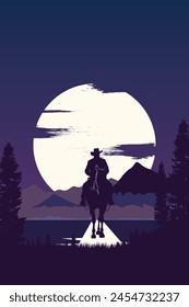 Classic retro western movie poster with a cowboy, sheriff, outlaw man silhouette on a horse in mountains, prairie at the night. Vector vertical illustration