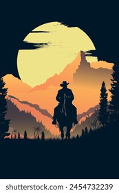 Classic retro western movie poster with a cowboy, sheriff, outlaw man silhouette on a horse in mountains, prairie at the night. Vector vertical illustration