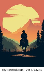 Classic retro western movie poster with a cowboy, sheriff, outlaw man silhouette on a horse in mountains, prairie at the sunset or sunrise. Vector vertical illustration