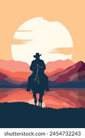 Afiche clásico de la película occidental retro con un vaquero, sheriff, silueta de hombre fuera de la ley en un caballo en las montañas, pradera al atardecer o amanecer. Ilustración de Vertical de Vector