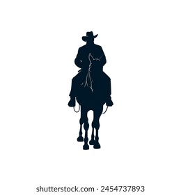 Classic retro western or wild west character, cowboy sheriff or outlaw man black silhouette riding a horse. Isolated vector clipart, illustration