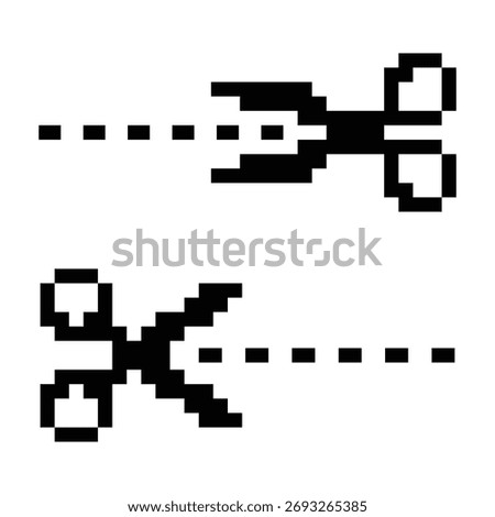 A classic, retro-style pixel art image featuring two black scissors icons, each with a dashed line indicating a cut. Perfect for digital projects, games, or any design needing a vintage 8bit aesthetic
