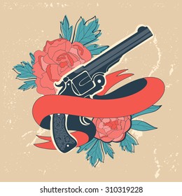 Classic revolvers and roses emblem. vector illustration