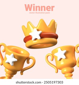 Classic rewards for best players. Golden crown, cup in different positions