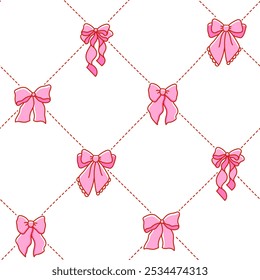 Classic rhombus grid seamless pattern. Background of coquette pretty charming pink bows. Hand drawn trendy different bow knots, gift bows