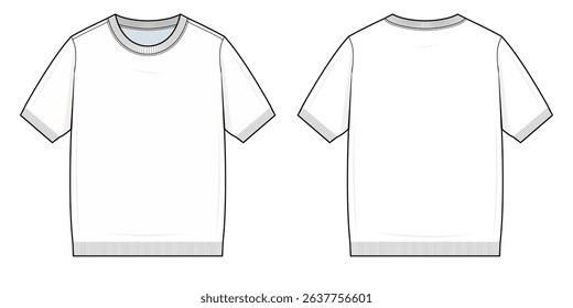 Classic Ribbed Trim T-Shirt Technical Fashion Illustration. Short Sleeve Crewneck Tee with Ribbed Neckline, Cuffs, and Hem. Front and Back View. Minimalist T-Shirt Template. CAD Mockup set.