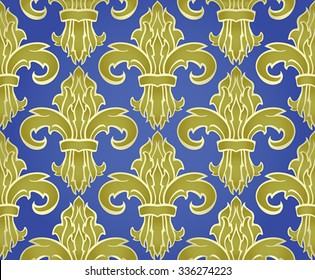 Classic rich seamless design with damask. Vector gold pattern on a blue background. Stylized medieval ornament. Pattern for wallpaper, carpet, shawl, tile.