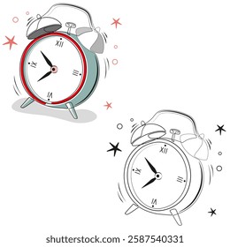 Classic ringing alarm clock line art drawing. Retro alarm clock black and white hand drawn. Clock alarm vector illustration. Time symbol, hour watch.