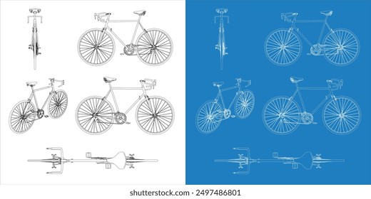 Classic road bike line retro technical drawing blueprint, vector illustration in transparent background