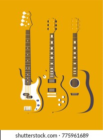 Classic Rock, Country and Blues Guitars Set. Yellow Minimalistic Flat Colors Illustration.