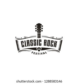 Classic Rock Country Guitar Music Vintage Retro Ribbon Banner logo design