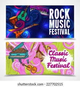 Classic and rock music festival horizontal banners set with piano guitar saxophone isolated vector illustration