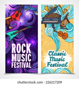 Classic and rock music festival vertical banners set with instruments isolated vector illustration